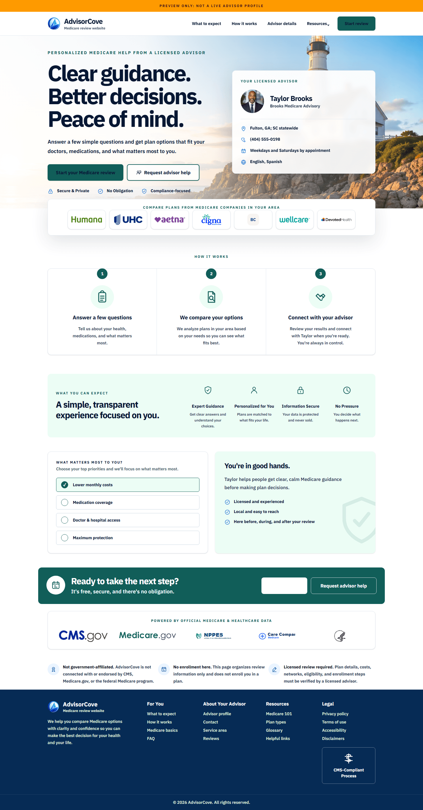 A complete AdvisorCove website for a Medicare advisor
